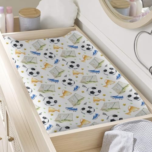 Watercolor Soccer Balls Shoes Stars Pattern Baby Changing Pad Cover, Unisex Sports Theme Nursery Diaper Changing Table Pad Mat Sheet for Boys Girls-16x32