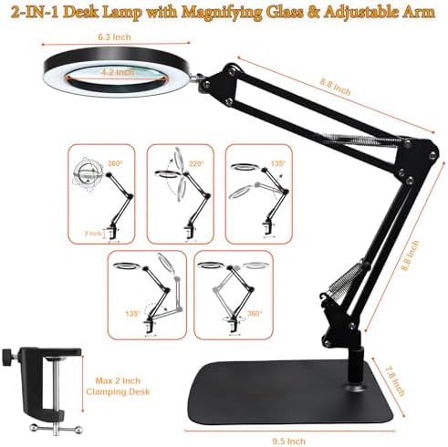 15X Magnifying Glass with Light – Real Glass Lens, 3 Color Modes & Adjustable Brightness – 2-in-1 Desk Lamp with Clamp & Heavy Base – Flexible Swing Arm – Ideal for Crafts, Reading, Repair, Seniors