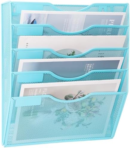 EASEPRES 5 Pocket Mesh Hanging Wall File Organizer, Wall Mounted Mail Paper Document Folder Holder, Clipboard Storage Organization Magazine Rack with Nametag Label for Office Home School, Blue