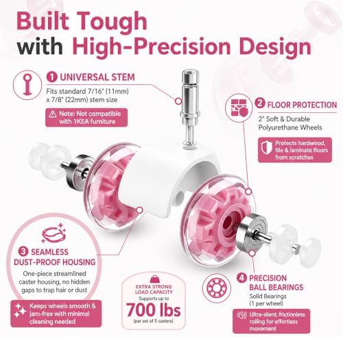 Pink Office Chair Wheels with Seamless One-Piece Nylon Cover, 2 Inch Rubber Gaming Wheels Replacement, Smooth Rolling for Hardwood Carpet Tile Floors, 11 * 22mm Universal fit