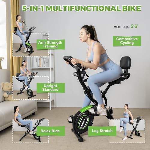 Caromix Folding Exercise Bike, 5 in 1 Stationary Bike with 16-Level Adjustable Magnetic Resistance, 330LB Capacity Indoor Workout Bike, Foldable Exercise Bike for Seniors and Adult