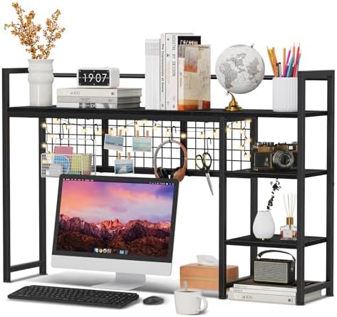 Snughome Desk Shelf, 44.9" Desktop Organizer Shelf, Desk Hutch for Computer Monitor, 4 Tier Desk Display Rack with Pegboard Hooks Set, Wood Desktop Bookshelf for Home Office Dorm