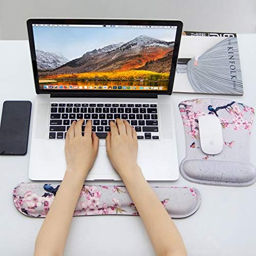 Ergonomic Keyboard Mouse Pad Set with Wrist Rest Support, Memory Foam Hand Rest Wrist Cushion Set for Laptop/Notebook/Desktop/Computer/Gaming/Office/Desk, Easy Typing & Pain Relief(Bird & Pink Flower)