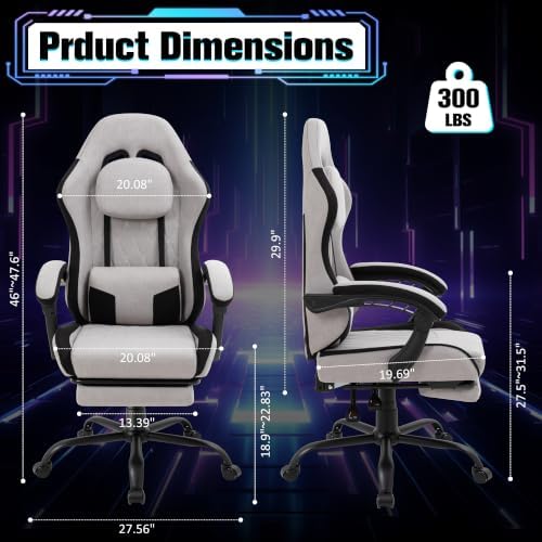 Gaming Chair with Footrest, Ergonomic Fabric Desk Chair, Grey