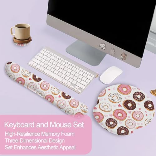 Cute Pink Donut Ergonomic Wrist Support Keyboard Mouse Wrist Rest Set, Computer Office Comfortable Wrist Rest for Mouse Easy Typing