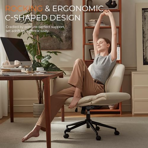 Dowinx Criss Cross Chair with Five-Level Adjustable Arms and Wheels - Comfortable Ergonomic PU Leather Swivel Vanity Chair - Computer Makeup Gaming Chair for Home Office, Bedroom, Vanity Room (Cream)