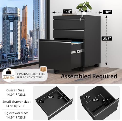 INTERGREAT 3 Drawer File Cabinet, Metal Filling Cabinets with Lock, Locking Office Mobile Cabinet with Wheels for Legal/Letter Size, Under Desk, Assembled Required, Black