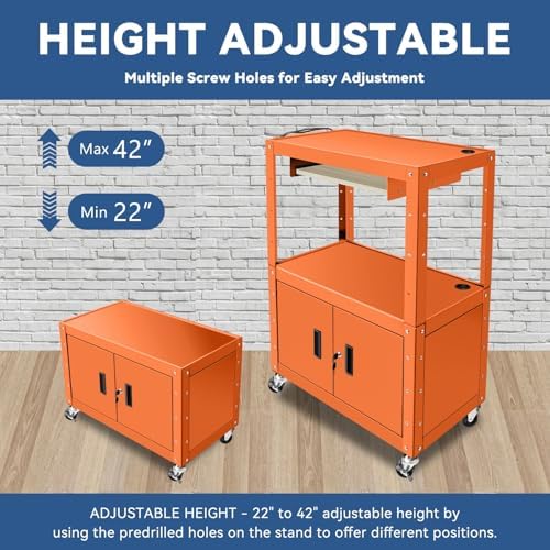 Auto Dynasty Rolling AV Cart, Height Adjustable with Lock Storage, Orange
