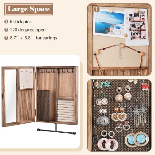 Keebofly Wall Mounted Jewelry Organizer Box Rustic Wood Large Space Jewelry Cabinet Holder Jewelry Storage Box for Necklaces, Earrings, Bracelets, Ring Holder, and Accessories (Carbonized Black)