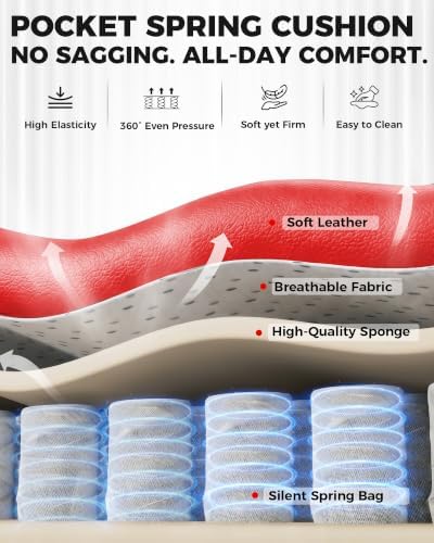 LUCKRACER Gaming Chair with Pocket Spring Cushion and Footrest, PU Leather 90°-155° Reclining Computer Chair, 4.5" Height Adjustment, Ergonomic Office Chair with Lumbar Support, Red