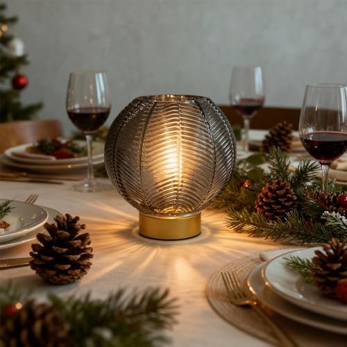 LUSHARBOR Battery Operated Decorative Glass Table Lamp with Timer Grey