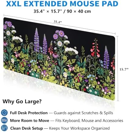 Extended Wildflower Meadow Desk Mat, XXL Large Gaming Mouse Pad, Florals Weeds Stitched Edges Waterproof with Non-Slip Rubber Base for Computer Keyboard Laptop Work Home Office 35.4"x15.7"