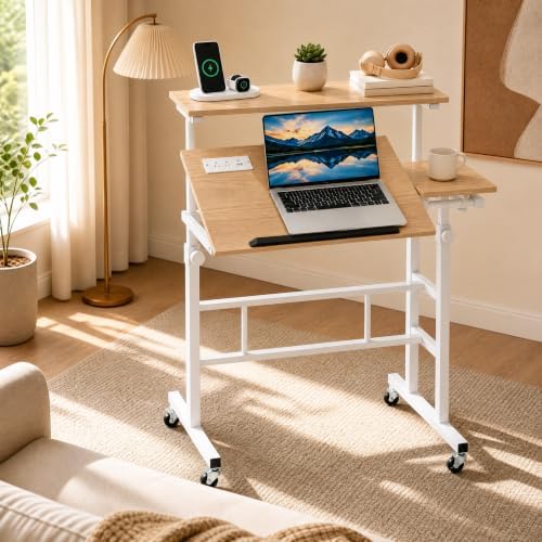 Tangkula Height Adjustable Mobile Standing Desk with Built-in Power Outlets