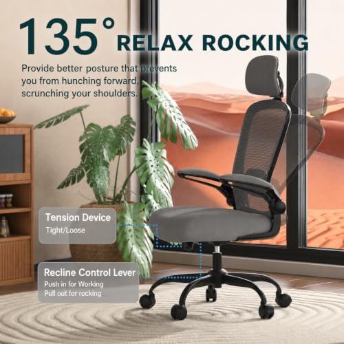 Mimoglad Office Chair, High Back Ergonomic Desk Chair with Adjustable Lumbar Support and Headrest, with flip-up Armrests for Guitar Playing, 5 Years Warranty (Modern, Dim Gray(Black Frame))