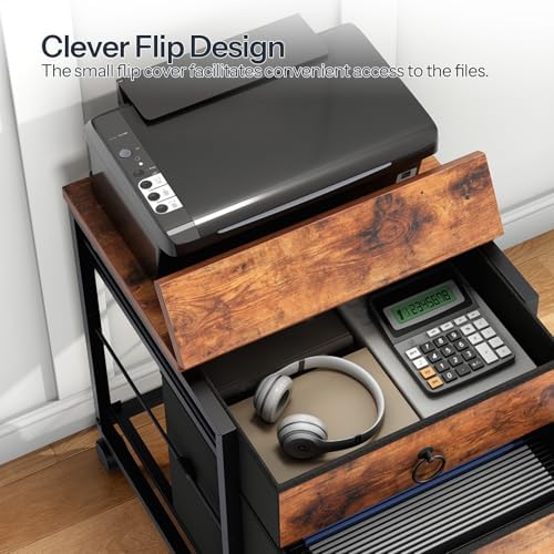 HOOBRO File Cabinet, 2-Drawer Vertical Mobile Office Cabinet, Rolling Printer Stand, for A4/Letter Size Files, Nonwovens Drawer, for Home Office, Rustic Brown BF21WJ01