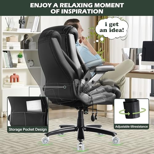 Large Big and Tall Office Chair 650lbs with Thick Spring Cushion, 5D Flip Arm Ergonomic Executive Office Chair Adjustable Lumbar Airbag&Extra Wide, Comfy Padded Heavy Duty Game Chair Dual Rubber Wheel