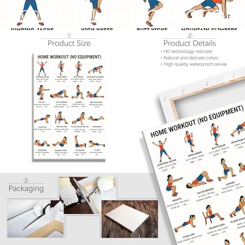 No Equipment Home Workout Poster, 16 Illustrated Full-Body Bodyweight Training Chart with Rep & Timing Guides, Beginner Friendly Full Physique Fitness Reference for Indoor Daily Cardio & Strength Building Routine(16x24inchs，Wrapped Framed)