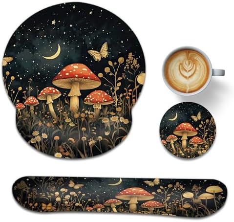 Mushroom Ergonomic Memory Foam Wrist Rest Set for Keyboard and Mouse,Flower Butterfly Moon Supportive Mouse Pad with Non Slip Base for Office Work and Gaming