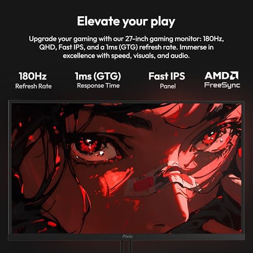 Pixio PX278 Wave 27 inch 180Hz Refresh Rate Quad HD 1440p Resolution Fast IPS Panel 1ms GTG Response Time Built-in Speakers Gaming Monitor with AMD FreeSync
