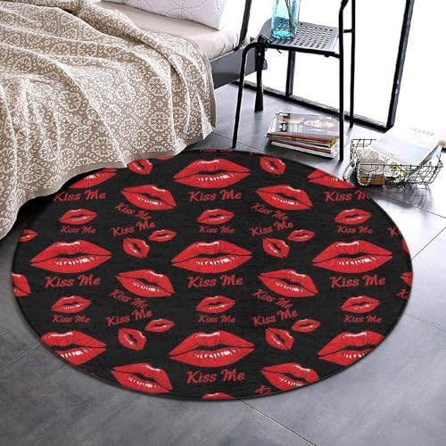 Highly Premium Quality Floor Mat, Office Chair Decor Mat, Room Sofa Yoga Soft Round Carpet Black Rose Pink Lip Print Kiss Me