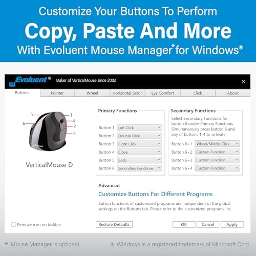 Evoluent – Inventor of The Vertical Mouse – VM4S Ergonomic Vertical Mouse Right Hand Small Wired USB, Sculpted for Comfort, Reduces Wrist Strain, 4 Speeds, 6 Customizable Buttons in Windows