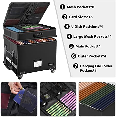 DocSafe Fireproof Document Box with Lock,2-Layer File Box with Wheels,Collapsible File Storage Organizer with Pockets,Large Portable Home Filing Cabinet for Hanging Folders,Black,16''x13.8''x12.2''