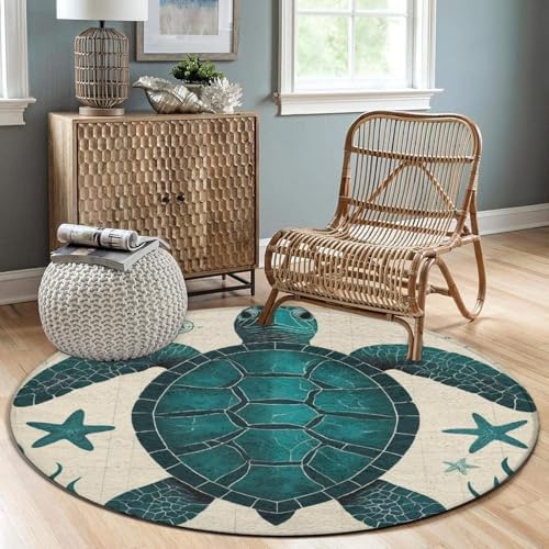 Large Home Decor Mat, Soft Round Yoga Carpet, Non Slip Machine Washable Home Office Circle Rug Vintage Ocean Animal Theme Sea Turtle