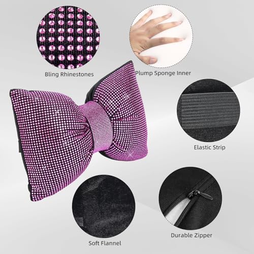 2 PCS Bling Car Pillows,Rhinestones Bowknot Car Headrest Pillow,Pink