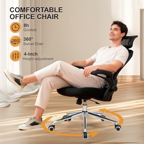 Office Chair, Ergonomic Breathable Mesh Chair,Flip-Up Arms and Adjustable High Back Lumbar Support,Comfy Computer Chair for Home Office (Black/Black, 407)