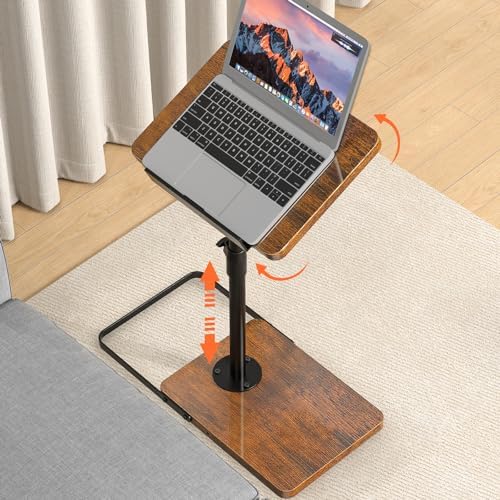 TV Tray Table for Couch, Height Adjustable/360° Swivel/180° Flip-Over Panel Design C-Shaped End Table, Sofa Arm End Side Table with Phone & Tablet Slot for Eating, Laptop,Couch Bed (Vintage Brown)