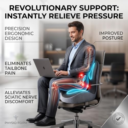 Memory Foam Office Chair Cushion with Lumbar Support Pillow – Ergonomic Desk Chair Cushion for Sciatica & Tailbone Pain Relief, L-Shaped Seat Cushion for Car, Truck, & Airplane Seat (Non-Slip Base)