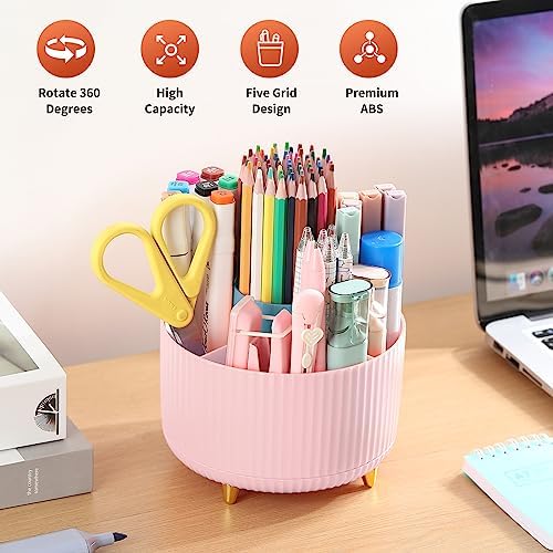Desk Pencil Pen Holder, 5 Slots 360°Degree Rotating Organizers for Desk, Desktop Storage Stationery Supplies Organizer, Cute Cup Pot Office, School, Home, Art Supply, Pink