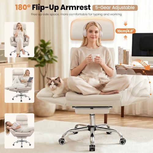 Big and Tall Leather Office Chair, Cross Legged Flip Arms, Beige