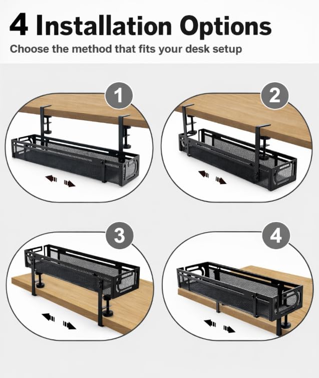 Expandable Under Desk Cable Management Tray, Expandable 15.7”–27.6”, No Drill Metal Cable Organizer with Clamp Mount for Standing Desk, Office & Home Desk (Black