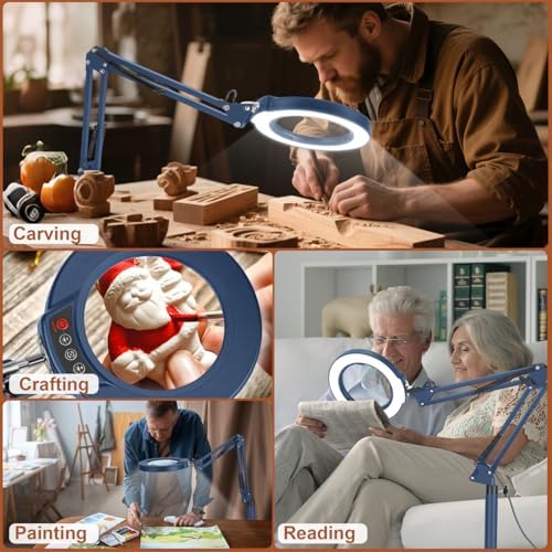 LANCOSC 15X Magnifying Glass with Light and Stand, 3-in-1 Adjustable Swing Floor Lamp, 5 Color Modes Stepless Dimmable, LED Lighted Hands Free Magnifier & Clamp for Reading, Crafts, Painting - Blue