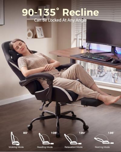 LUCKRACER Big and Tall Gaming Chair, 350Lbs Heavy Duty Office Chairs High Back Computer Chairs with Foot Rest Wide Cushion Lumbar Support Desk Chair Comfy for Adults Breathable Fabric, Light-Black