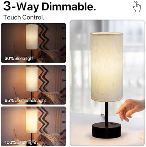 KPQ Bedside Lamp Touch Control Table Lamp with USB A+C Charging Ports & AC Outlet 3-Way Dimmable Nightstand Lamp with Linen Fabric Shade (Beige Shade-Black Base, 14" Small Size Touch Control)