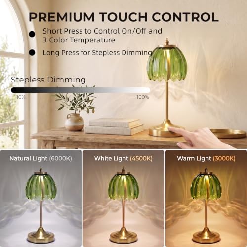 Tulip Glass Rechargeable Table Lamp, Cordless Vintage Table Light (Green)