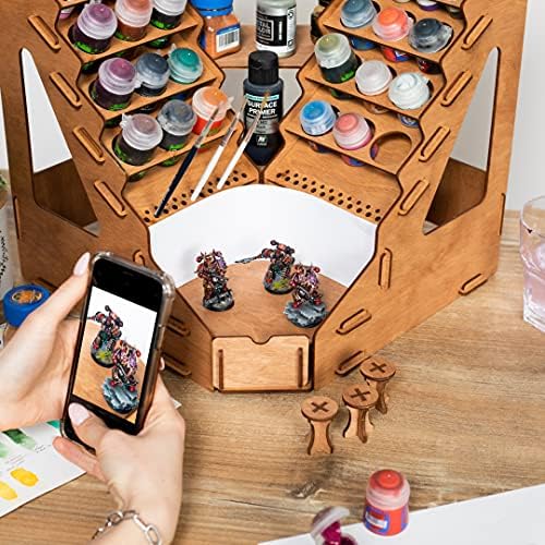 Plydolex Plywood Corner Model Paint Organizer - 32 Bottle & 46 Brush Slots Rack, 3 Shelves, 6 Stands & a Photo-Shooting Scene - Suits Tamiya, Vallejo, Citadel Paints - Works for Warhammer 40K, DnD