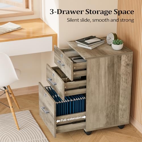 VINGLI 3-Drawer File Cabinet with Lock, Wood Rolling Under Desk File Cabinets for Home Office, Mobile Printer Stand & Filing Organizer for Letter Sized Files, 26" H(Caster Included), Rustic Gray