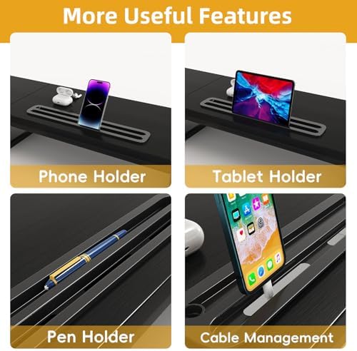 39 Inch Dual Monitor Stand Riser with 2 Drawers - Large Black Wooden Computer Stand for 2 Monitors, Ergonomic Desk Organizer with Phone Holder, Desktop Storage for Laptop, Office Supplies, Home Office