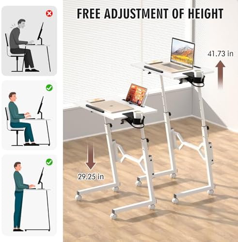 Enayplon Small Standing Desk with Wheels, Portable Treadmill Desk, Rolling Desk Adjustable Height for Laptop, Mobile Standing Table for Walking Pad, Bedside Table