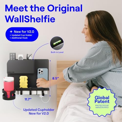 WallShelfie Bedside Wall Organizer & Dorm Decor for Dorm Room - 2.0, Black