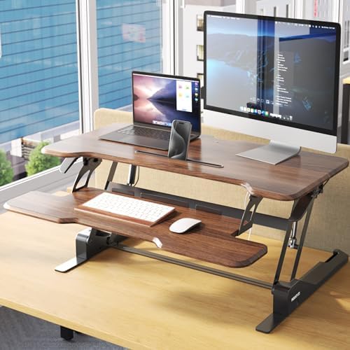 Mount-It! Large 38 Inch Standing Desk Converter, Sit Stand Desk Riser for Dual Monitors with Keyboard Tray, Height Adjustable Desktop Workstation, Easy Lift Gas Spring, Rustic Walnut Brown