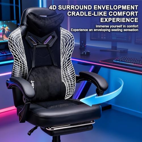 Vigosit Gaming Chair PRO, Ergonomic Gaming Chairs for Adults Heavy People, Massage Reclining Office Desk Computer Chair with Footrest and Lumbar Support, Big Tall Mesh Gamer Chair with Cushion (Black)
