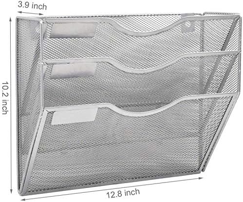 EASEPRES 3 Pocket Mesh Hanging Wall File Organizer, Wall Mounted Mail Paper Document Folder Holder, Clipboard Storage Organization Magazine Rack with Nametag Label for Office Home School, Silver