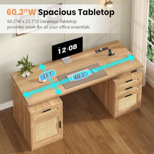 60" Rattan Electric Standing Desk with Drawers for Home Office, Oak