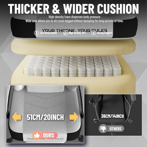 Ferghana Cotton Fabric Gaming Chair - Wider Seat Cushion, Shield-Shaped Embroidery, Ergonomic High Back with Footrest, Computer Gamer Chair for Adults Featuring Massage Lumbar Support, White