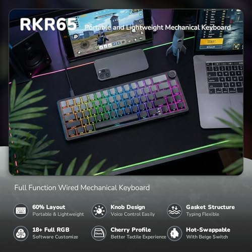 RK ROYAL KLUDGE R65 Wired Gaming Keyboard with Volume Knob, 60% Percent RGB Backlit Mechanical Keyboard, Side Printed PBT Keycaps, QMK/VIA, 66 Keys Hot Swappable Beige Switch, Gradient Black