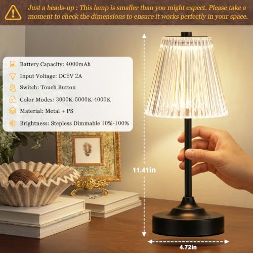 Black Cordless Rechargeable Table Lamp, Touch Battery Powered Lamp, 3 Color Modes, Crystal Acrylic Lampshade, Portable Ambient Night Light for Desk, Bedroom, Living Room, Dining Room, Kitchen, Bar